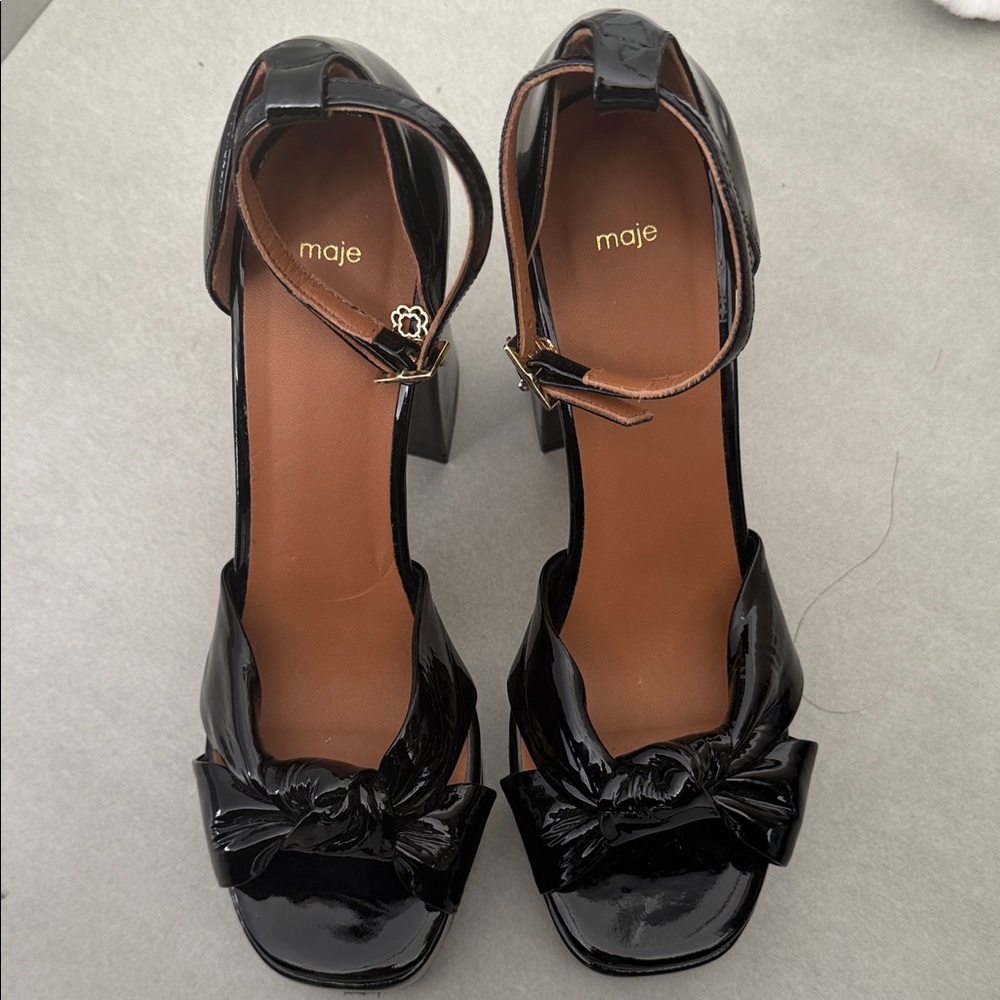 Maje Patent Black Heels with Bow Accent